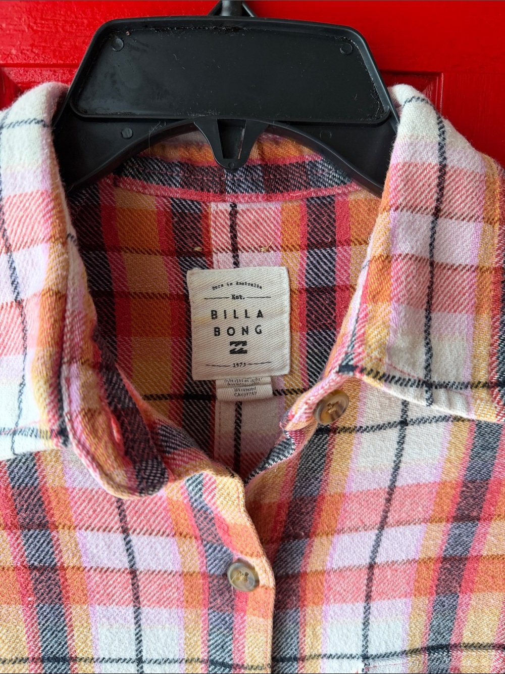 Billabong Pink Yellow Plaid Button-Down Shirt - Picture 2 of 8